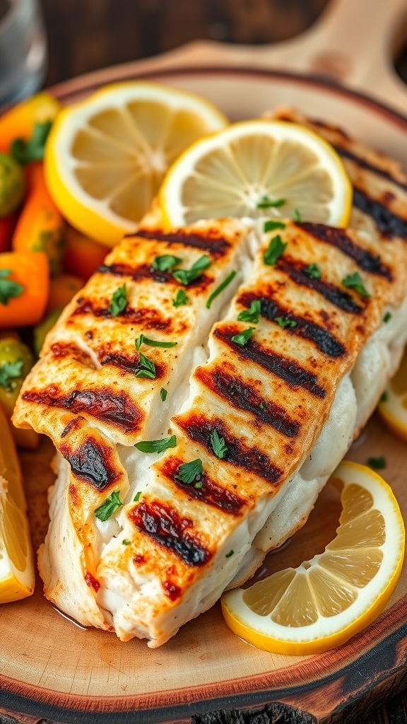 Grilled cod fillet with herbs and lemon on a wooden platter beside grilled vegetables.